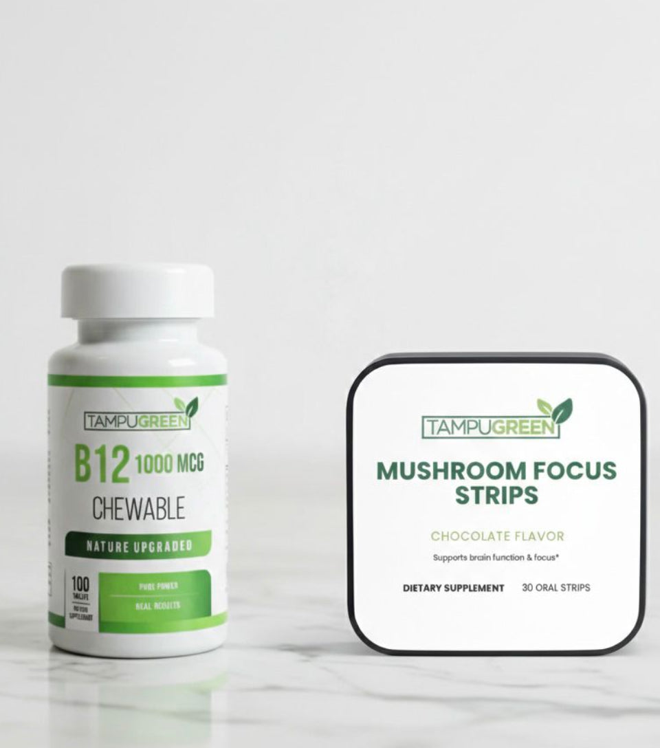 B12 supplement bottle and mushroom focus strips packaging on a white background